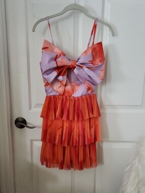 Hutch Lavender and Red-Orange Bow Tiered Mini Dress
